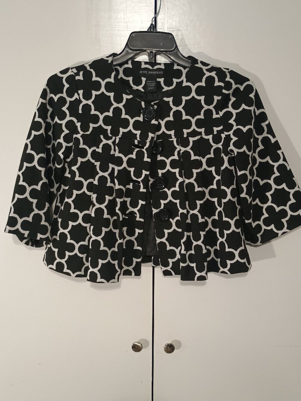 Petite Sophisticate XS Black White Geometric Cropped Jacket Blazer 3/4 Sleeve - Picture 2 of 8